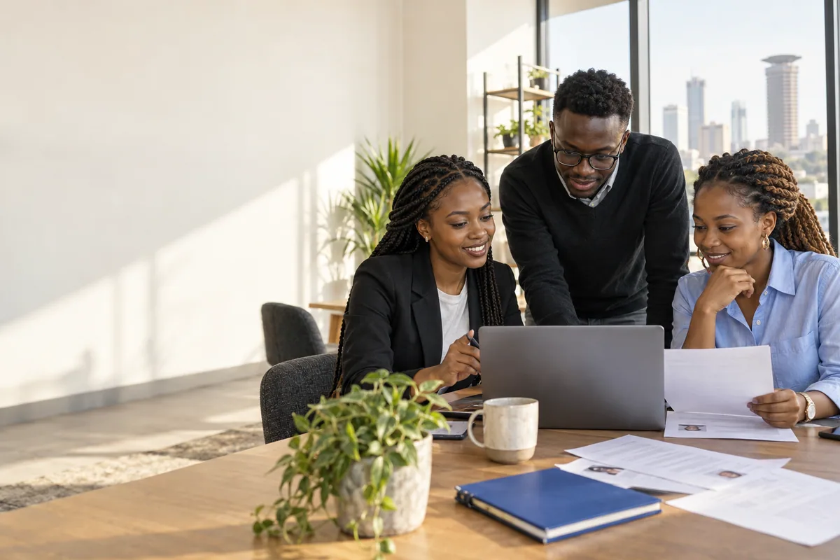 Three Kenyan job seekers reviewing work together in a bright workspace