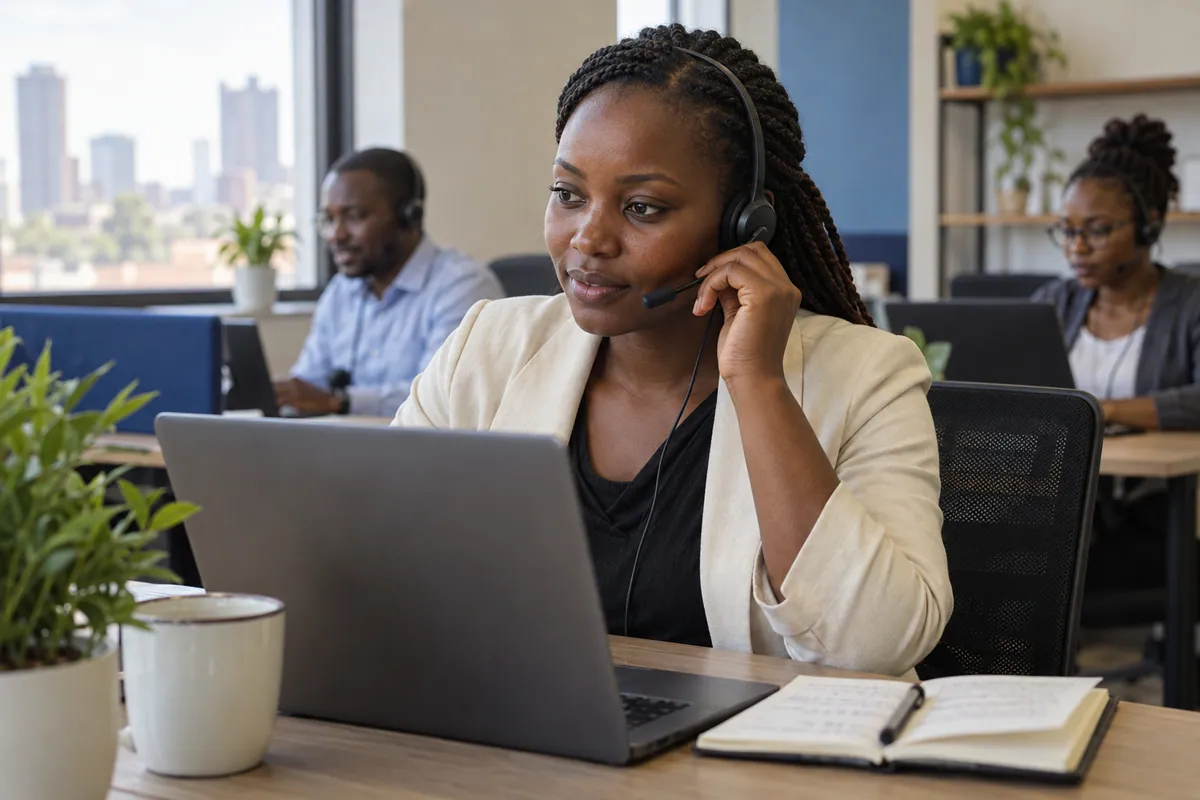 Customer support professional listening through a headset