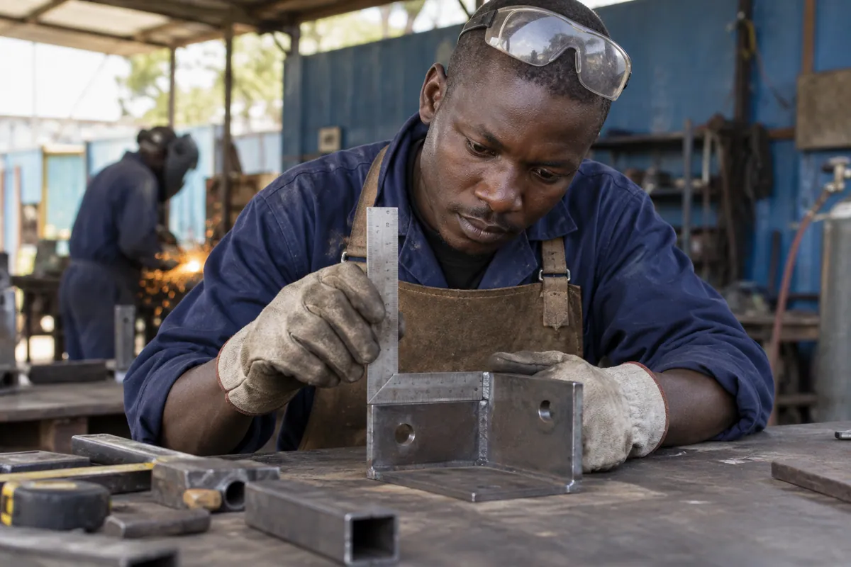 Metalworker measuring a steel component