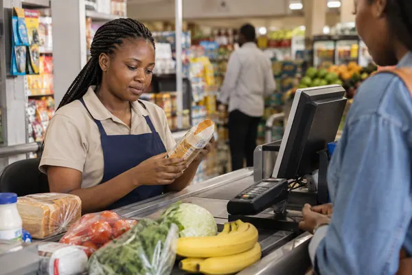 Cashier processing a grocery purchase
