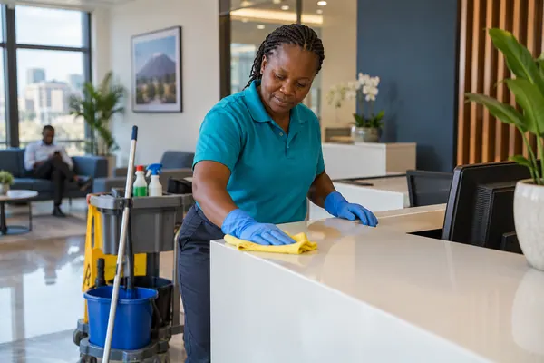 Cleaner maintaining an office reception