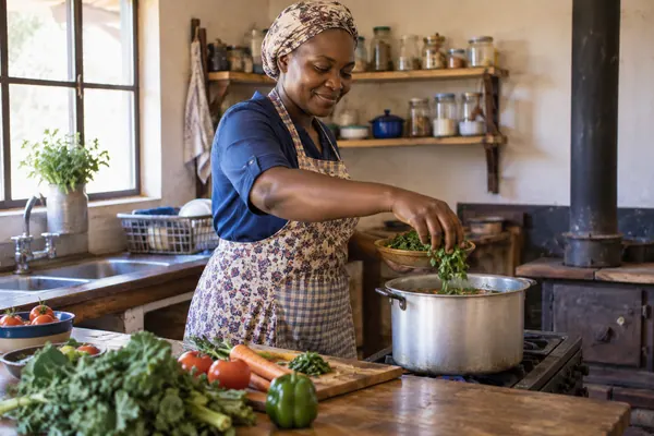 Cook preparing a meal in a farmhouse kitchen
