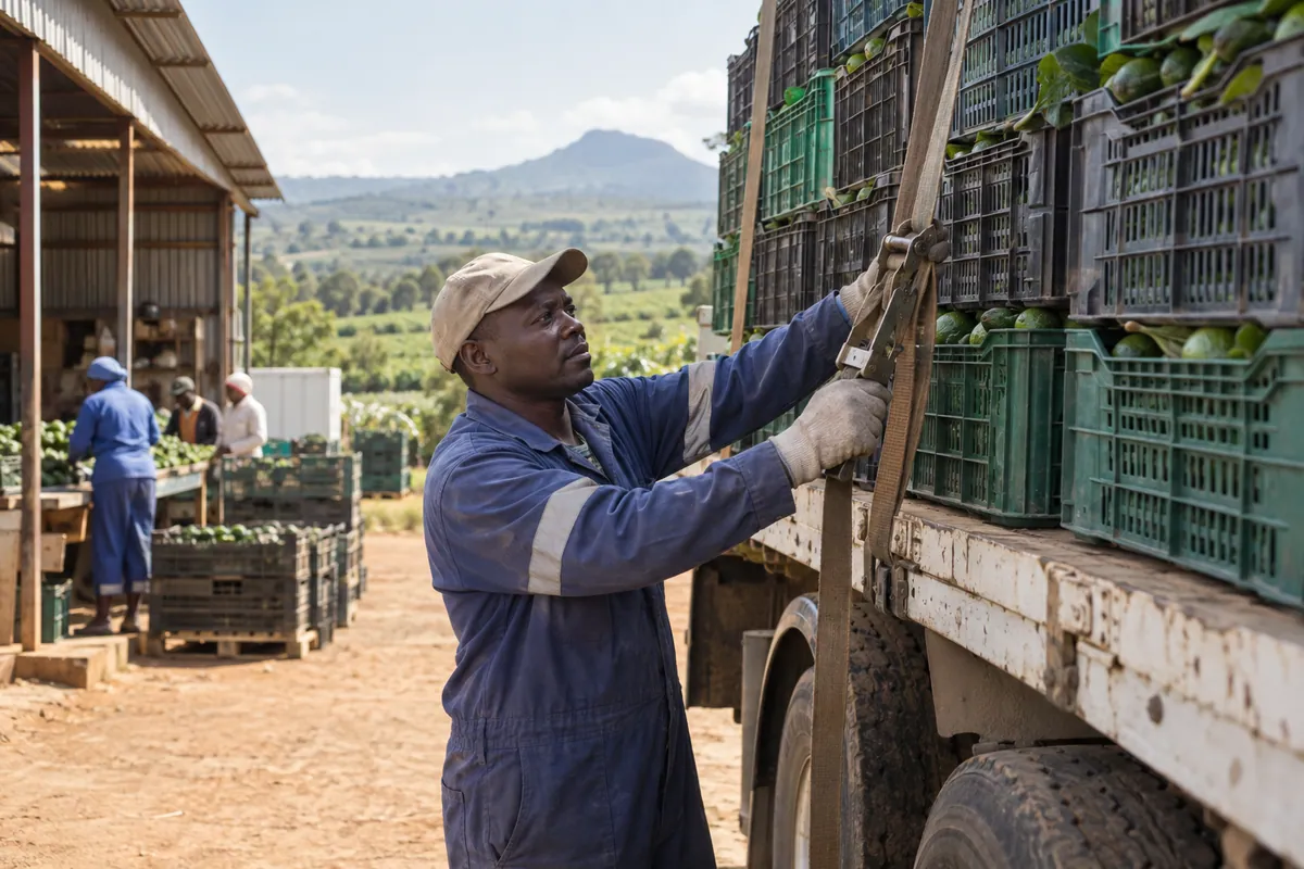 Farm lorry driver securing produce crates