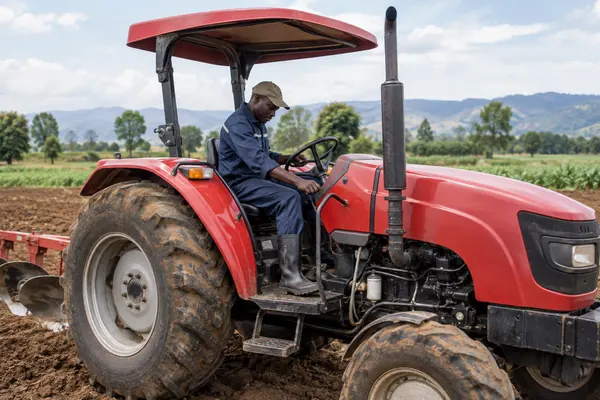 Tractor driver checking the controls
