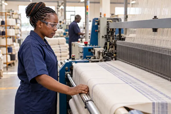 Machine attendant checking textile equipment