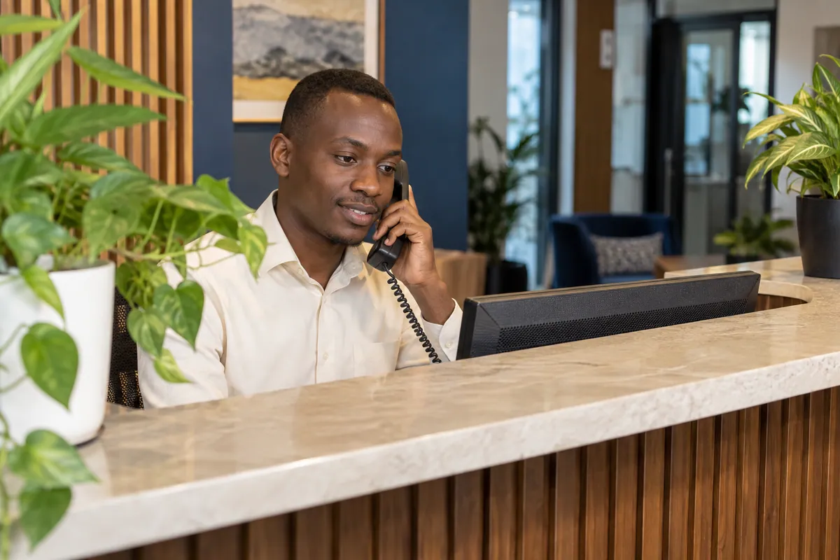 Receptionist handling a telephone enquiry