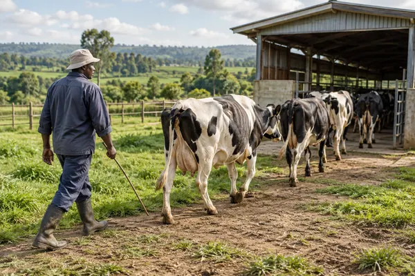Herdsman tending dairy cattle