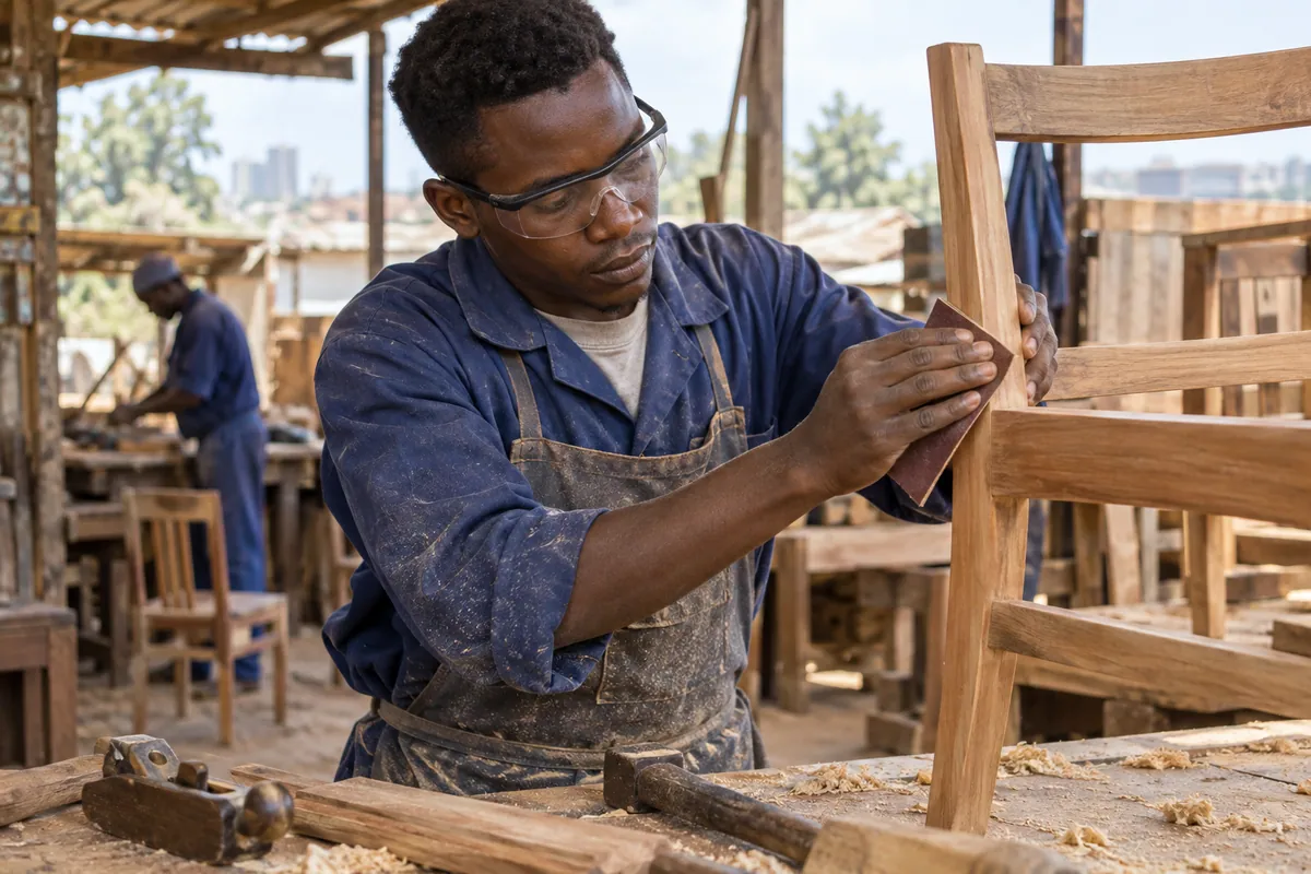 Artisan sanding a wooden chair frame