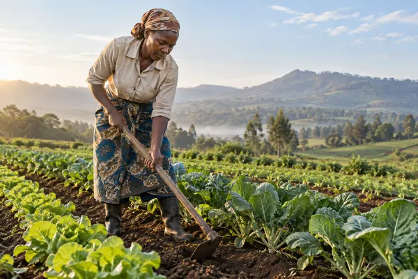 Farm worker tending vegetable rows