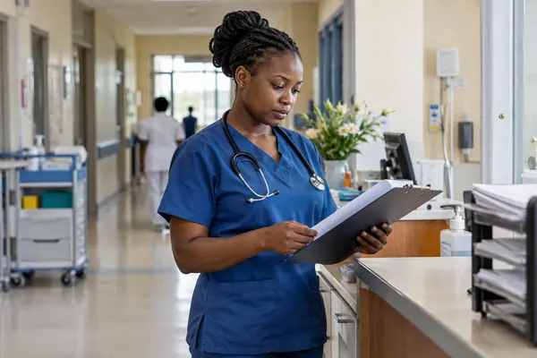 Nurse reviewing notes at a hospital station
