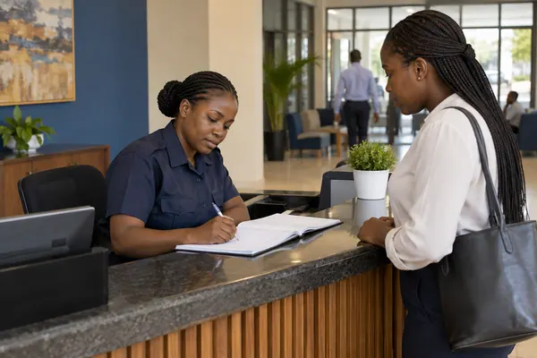 Private security officer recording a visitor entry