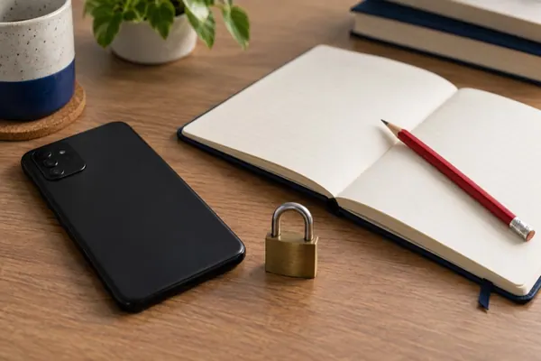 Phone and notebook beside a padlock, illustrating a safer job search