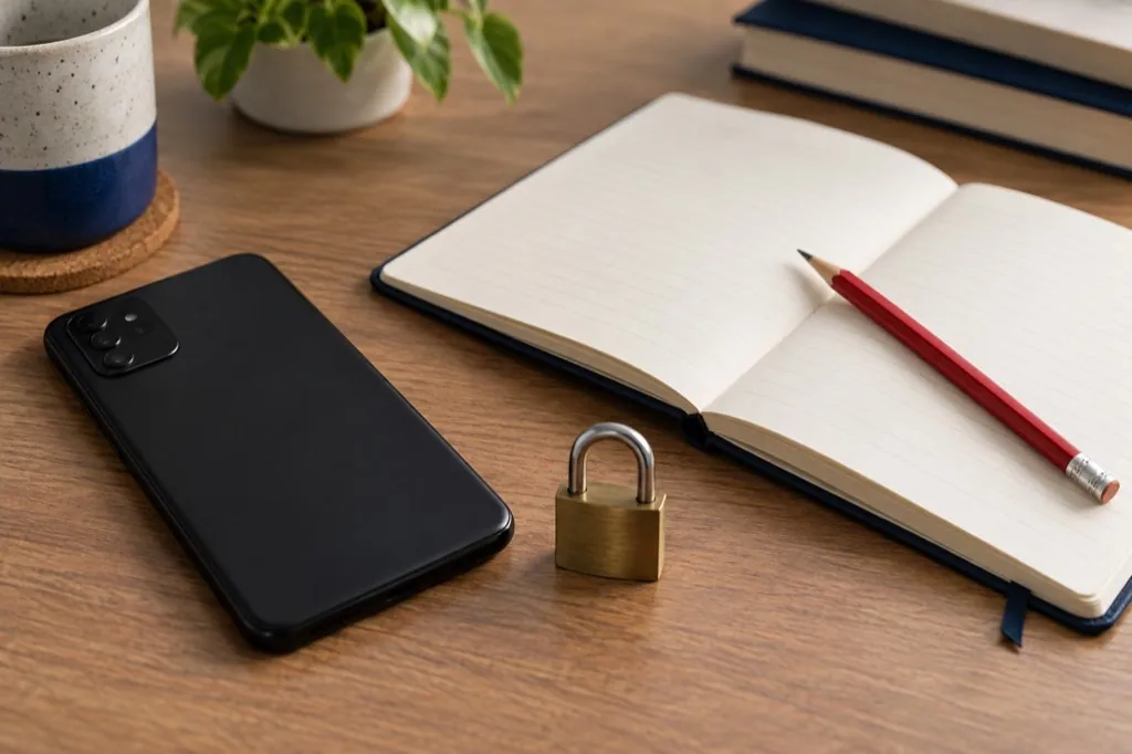 Phone and notebook beside a padlock, illustrating a safer job search