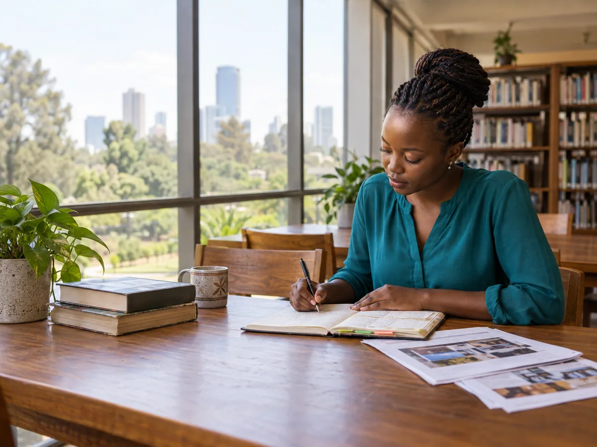 A Kenyan professional planning a job search in a library
