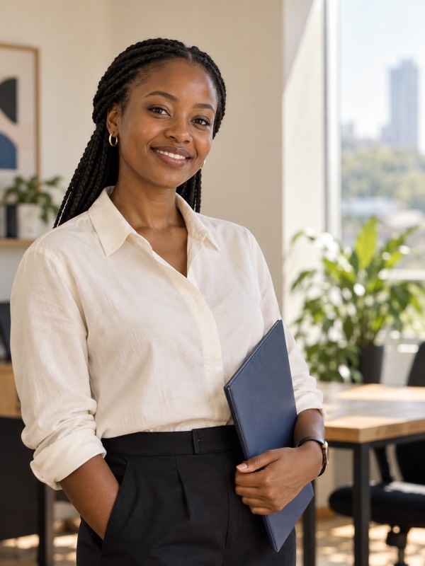 A Kenyan professional holding her work portfolio