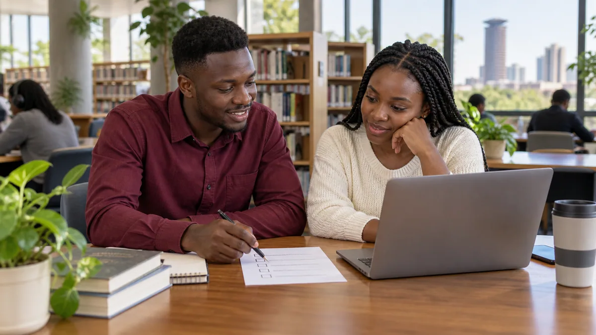 Kenyan professionals comparing career notes in a library
