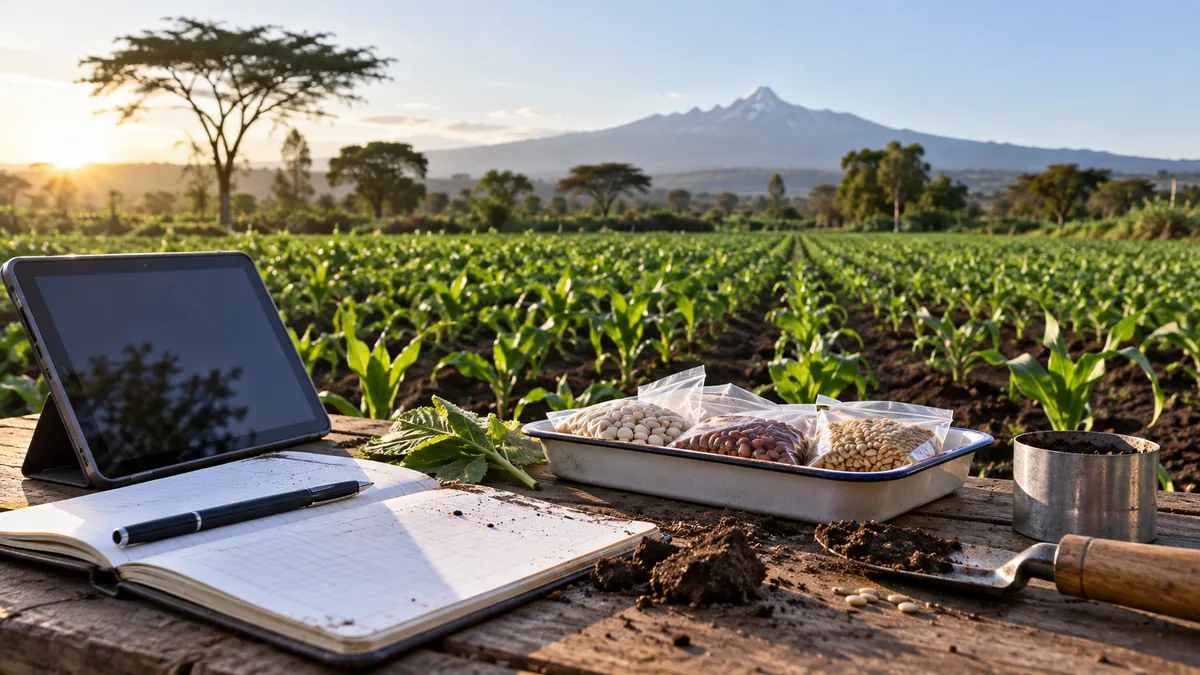 Illustration of seed samples, field notes and a tablet beside crops.